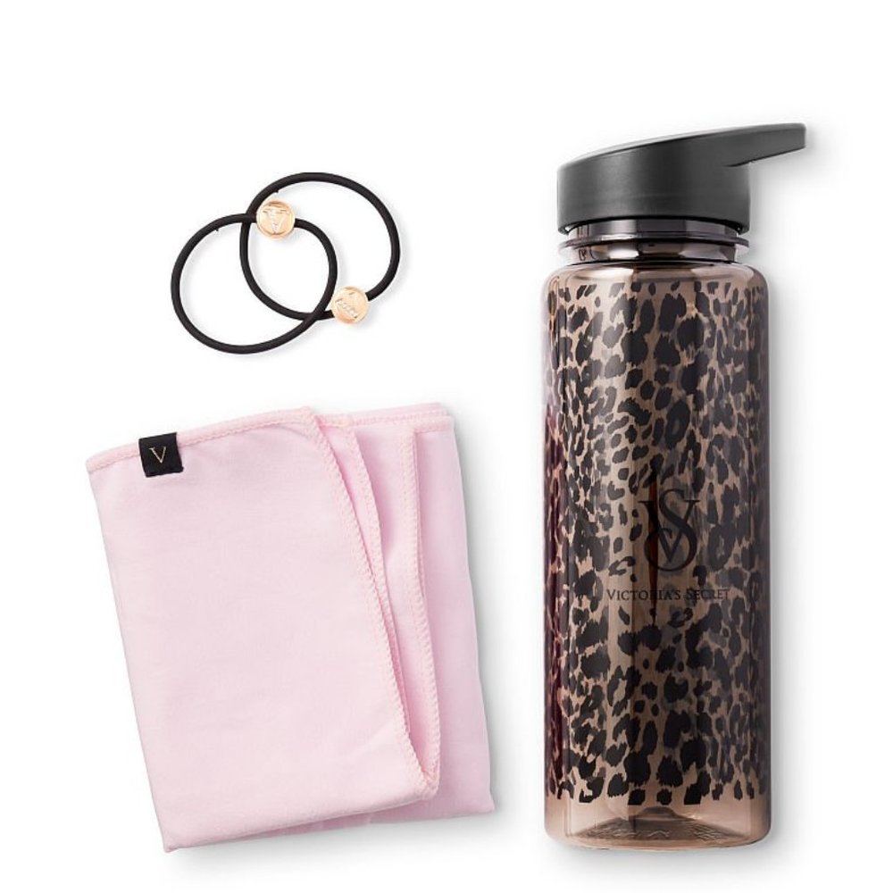 VS Workout Kit: Bottle Towel Ponytail Holders Leopard Print Sports Bottle NIB